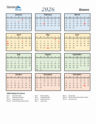 Kosovo current year calendar 2026 with holidays