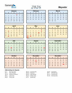 Mayotte current year calendar 2026 with holidays
