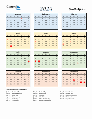 South Africa current year calendar 2026 with holidays