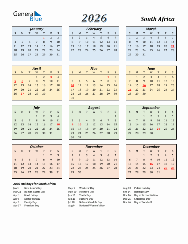 2026 Printable Calendar With South Africa Holidays 2026 Printable Calendar With South Africa Holidays