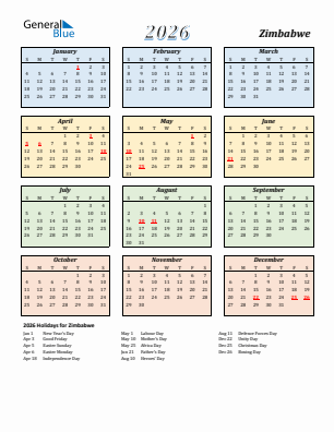 Zimbabwe current year calendar 2026 with holidays