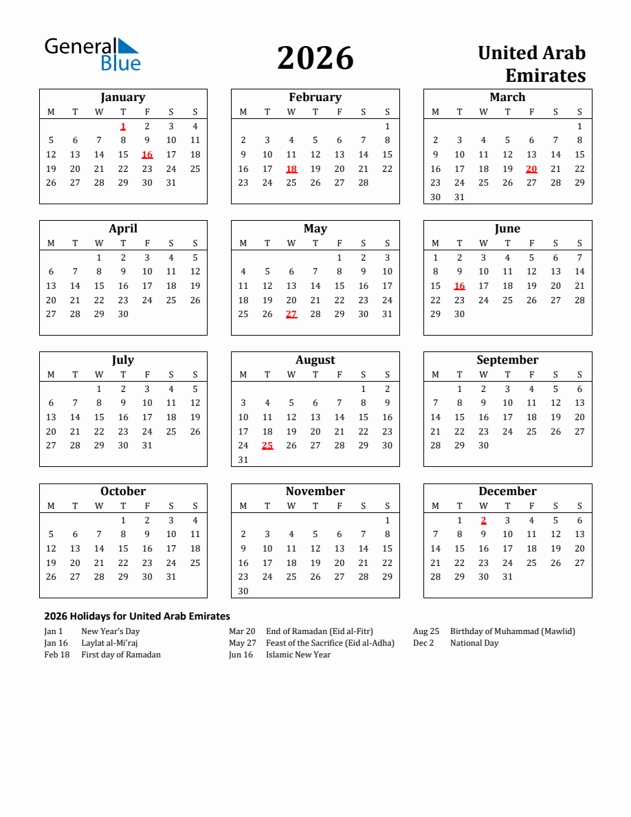 Free Printable 2026 United Arab Emirates Holiday Calendar Free Printable 2026 United Arab Emirates Holiday Calendar