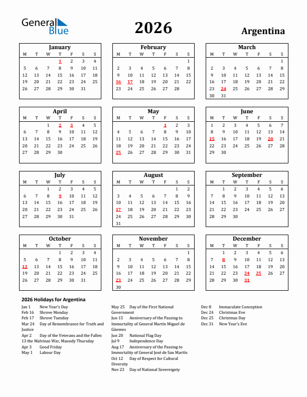 2026 Argentina Holiday Calendar - Monday Start