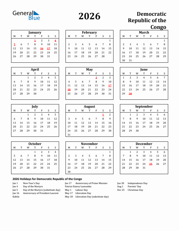 2026 Democratic Republic of the Congo Holiday Calendar - Monday Start