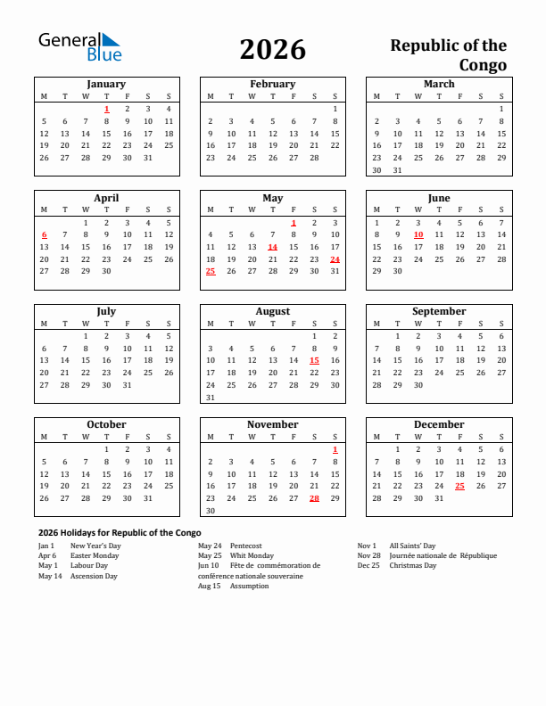 2026 Republic of the Congo Holiday Calendar - Monday Start