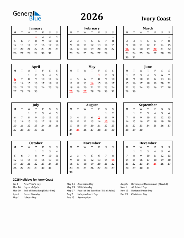 2026 Ivory Coast Holiday Calendar - Monday Start
