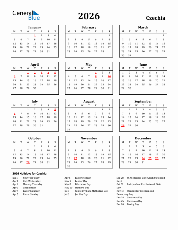 2026 Czechia Holiday Calendar - Monday Start