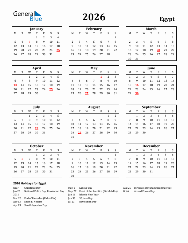 2026 Egypt Holiday Calendar - Monday Start