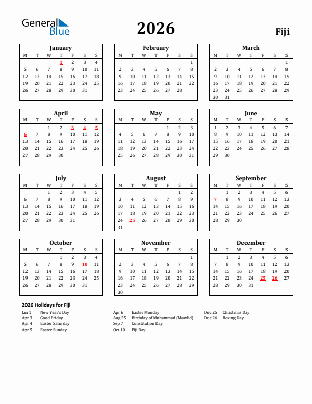 2026 Fiji Holiday Calendar - Monday Start