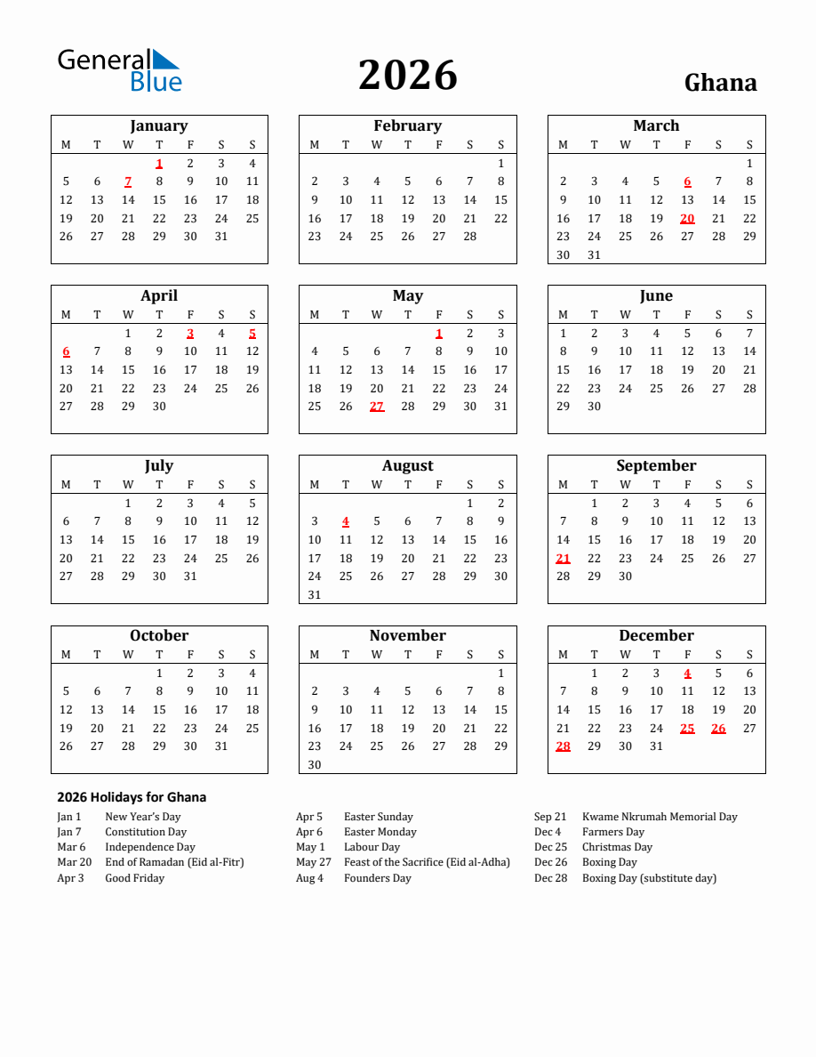 Free Printable 2026 Ghana Holiday Calendar - Monday Start