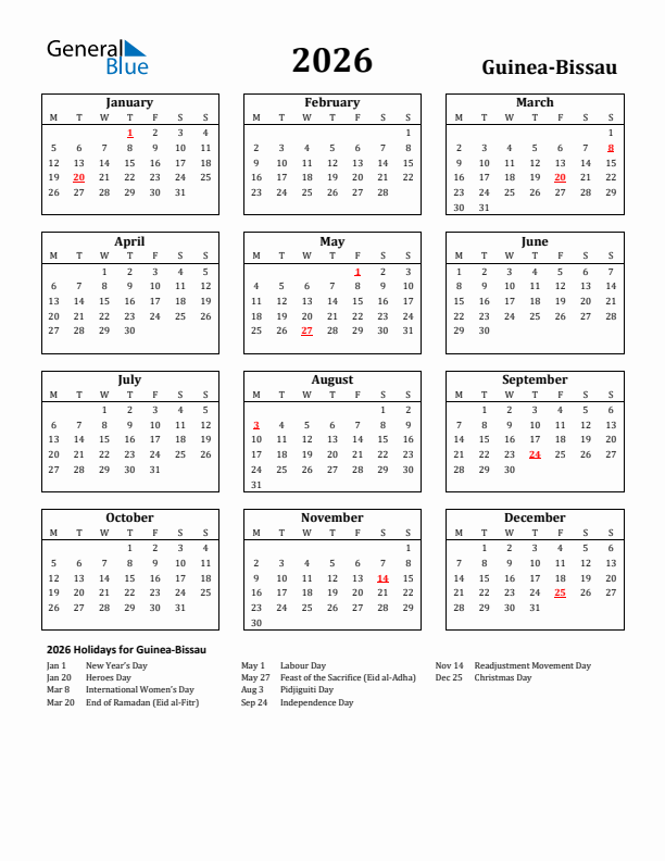 2026 Guinea-Bissau Holiday Calendar - Monday Start
