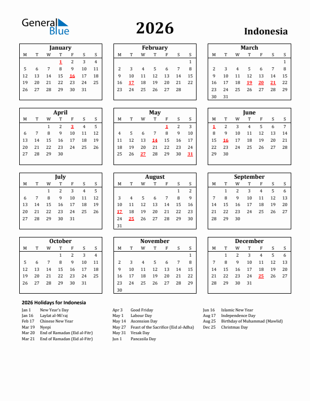 2026 Indonesia Holiday Calendar - Monday Start