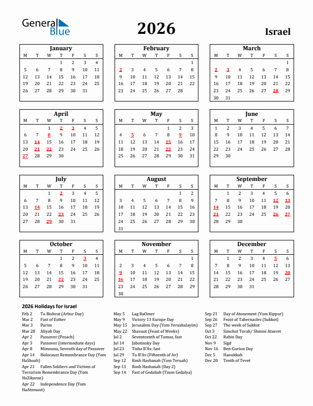 2026 Israel Holiday Calendar - Monday Start