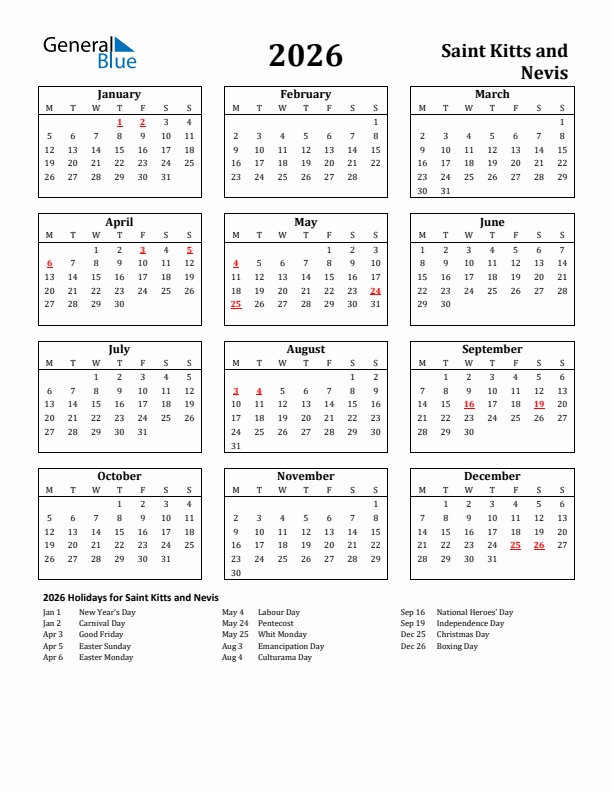 2026 Saint Kitts and Nevis Holiday Calendar - Monday Start