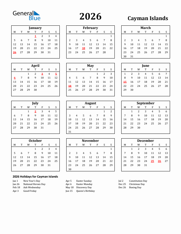 2026 Cayman Islands Holiday Calendar - Monday Start