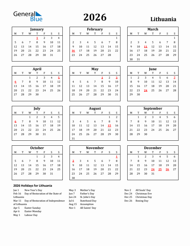 2026 Lithuania Holiday Calendar - Monday Start
