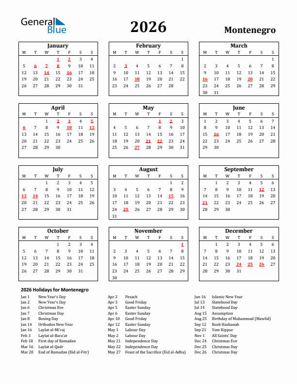 2026 Montenegro Holiday Calendar - Monday Start