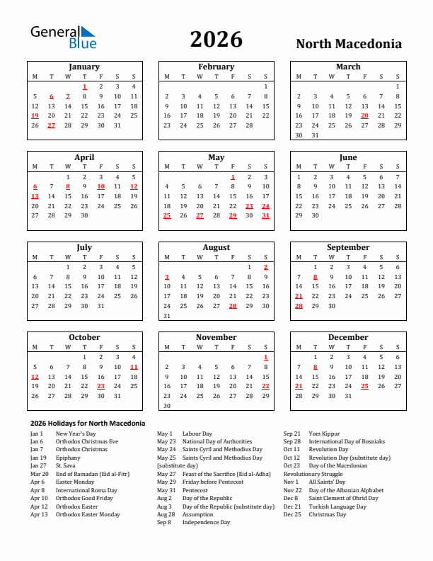 2026 North Macedonia Holiday Calendar - Monday Start