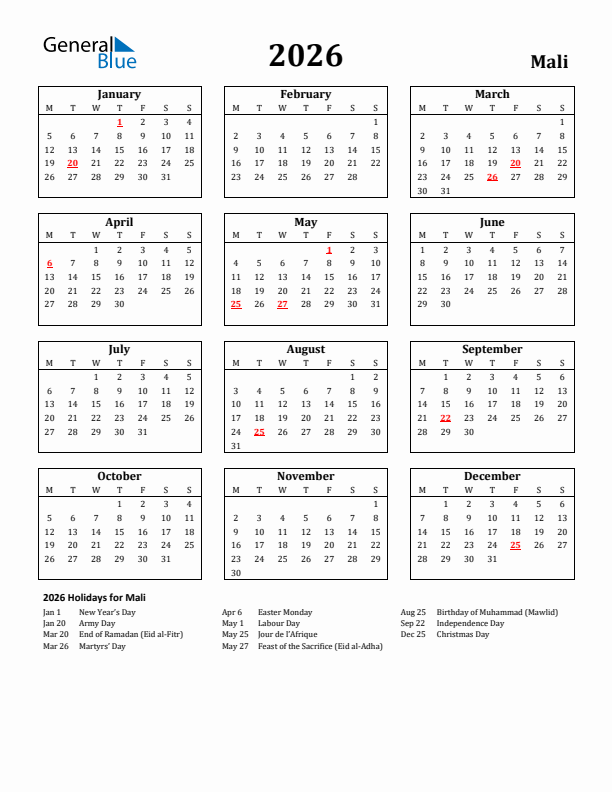 2026 Mali Holiday Calendar - Monday Start
