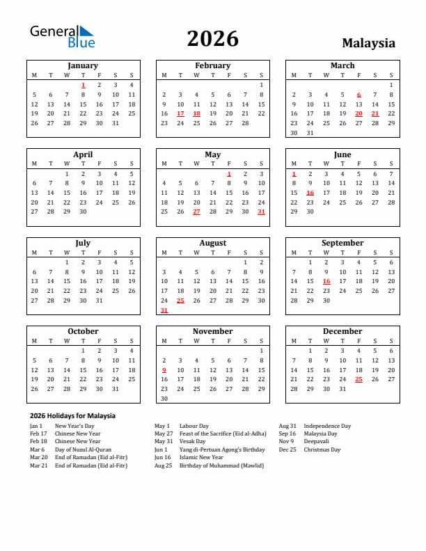 2026 Malaysia Holiday Calendar - Monday Start