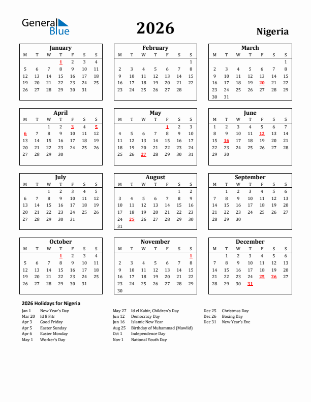 2026 Nigeria Holiday Calendar - Monday Start