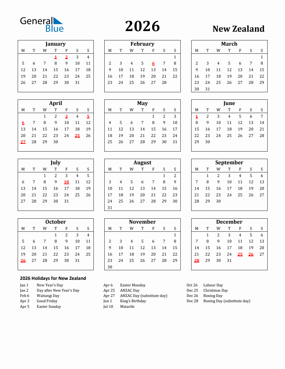 Free Printable 2026 New Zealand Holiday Calendar