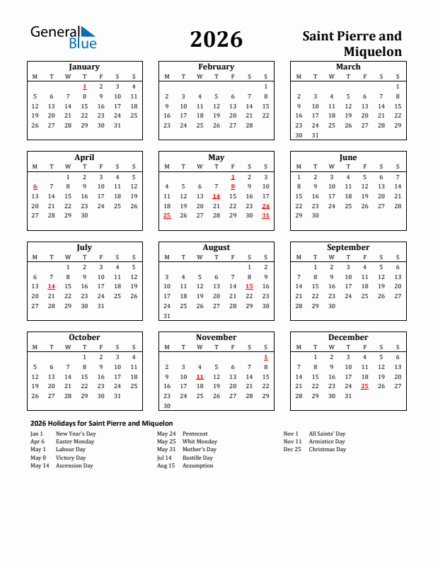 2026 Saint Pierre and Miquelon Holiday Calendar - Monday Start