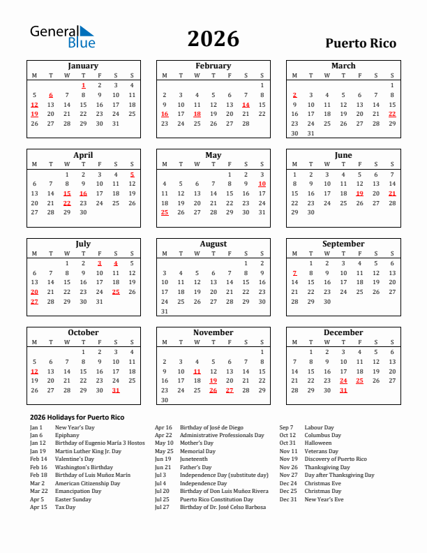 2026 Puerto Rico Holiday Calendar - Monday Start