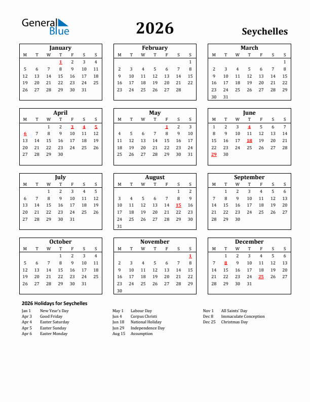 2026 Seychelles Holiday Calendar - Monday Start