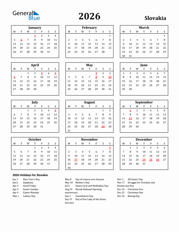 2026 Slovakia Holiday Calendar - Monday Start