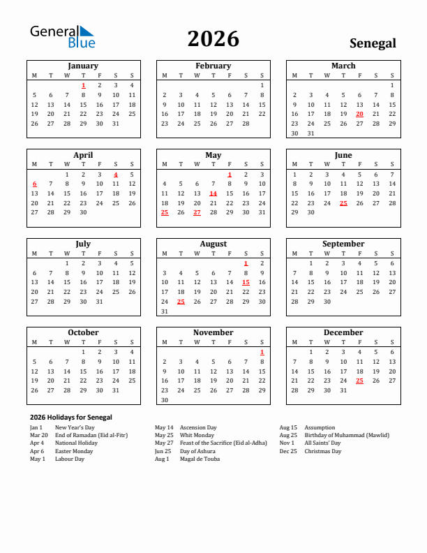 2026 Senegal Holiday Calendar - Monday Start