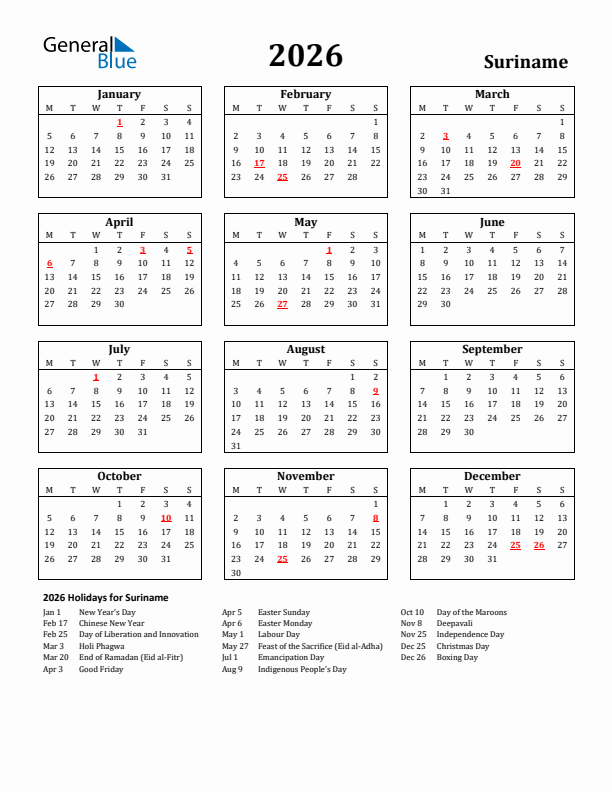 2026 Suriname Holiday Calendar - Monday Start