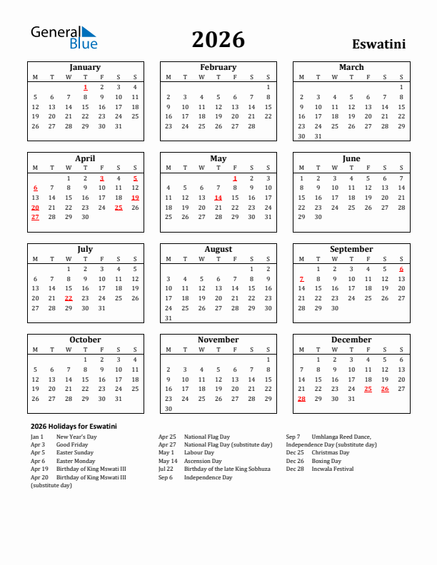 2026 Eswatini Holiday Calendar - Monday Start