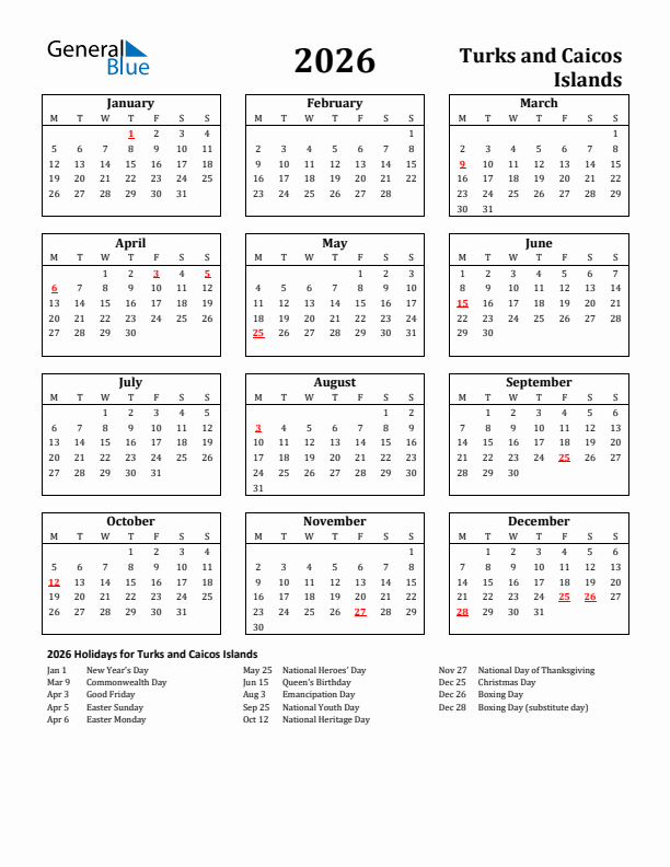 2026 Turks and Caicos Islands Holiday Calendar - Monday Start