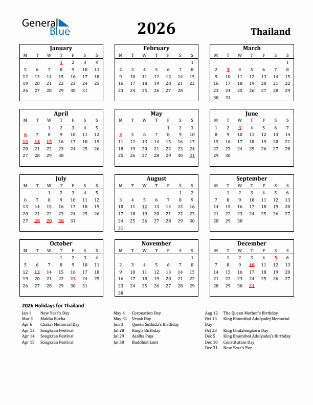 2026 Thailand Holiday Calendar - Monday Start