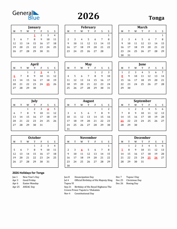 2026 Tonga Holiday Calendar - Monday Start