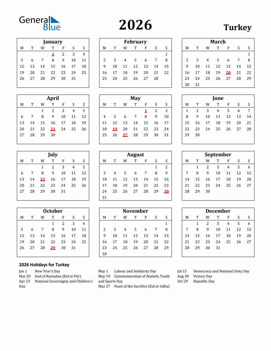 Free Printable 2026 Turkey Holiday Calendar - Monday Start