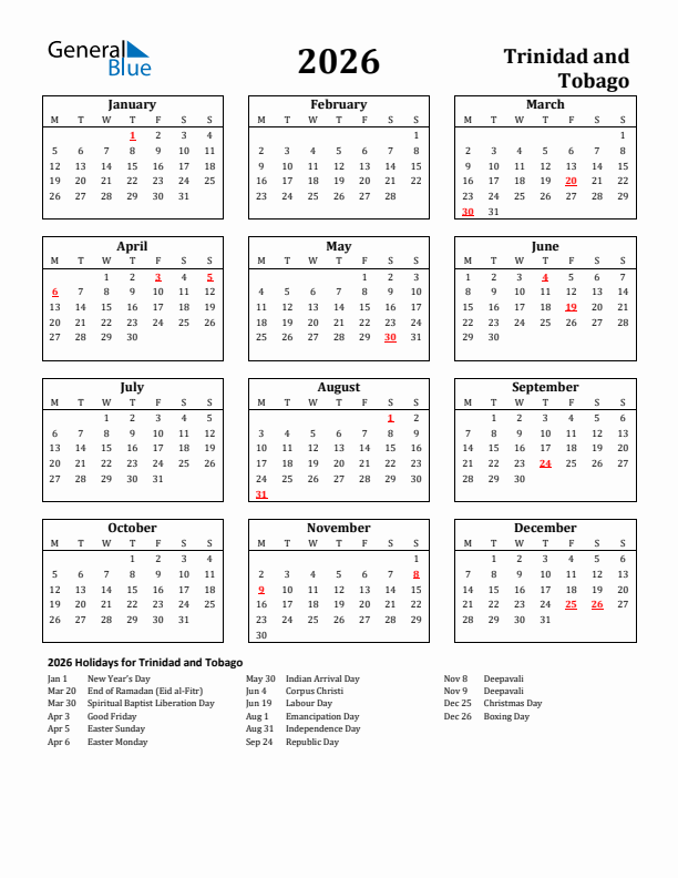 2026 Trinidad and Tobago Holiday Calendar - Monday Start