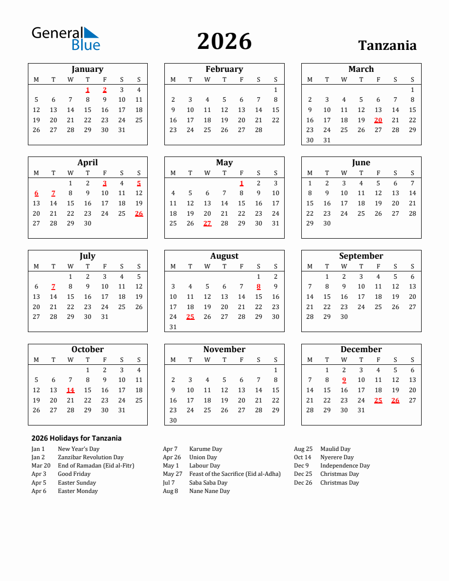 Free Printable 2026 Tanzania Holiday Calendar