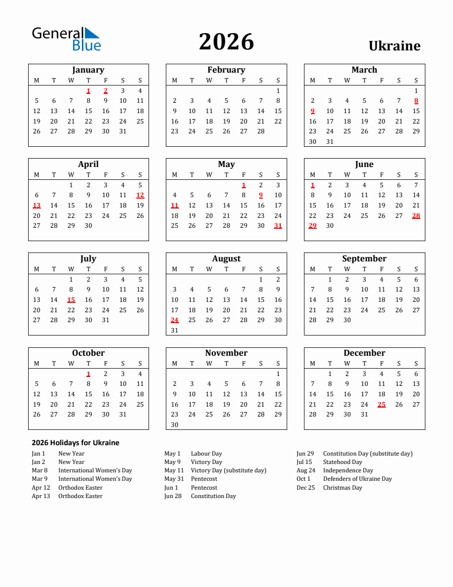 Free Printable 2026 Ukraine Holiday Calendar