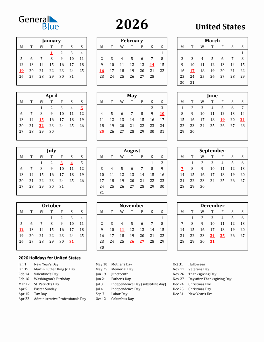 Free Printable 2026 United States Holiday Calendar - Monday Start