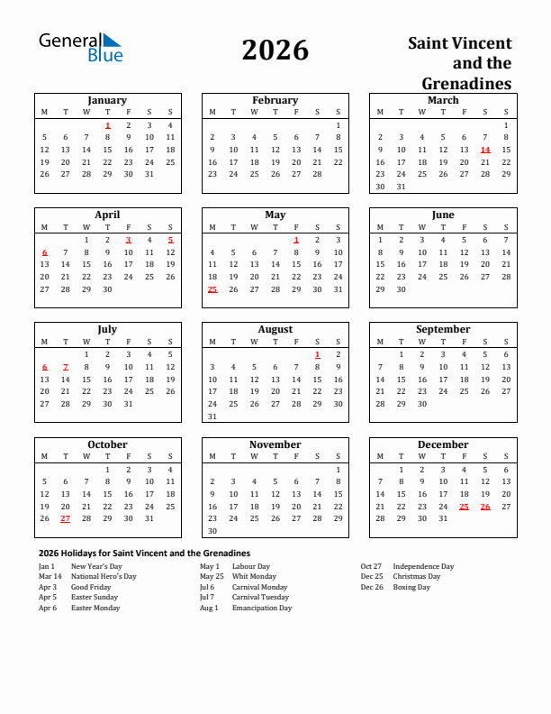 2026 Saint Vincent and the Grenadines Holiday Calendar - Monday Start