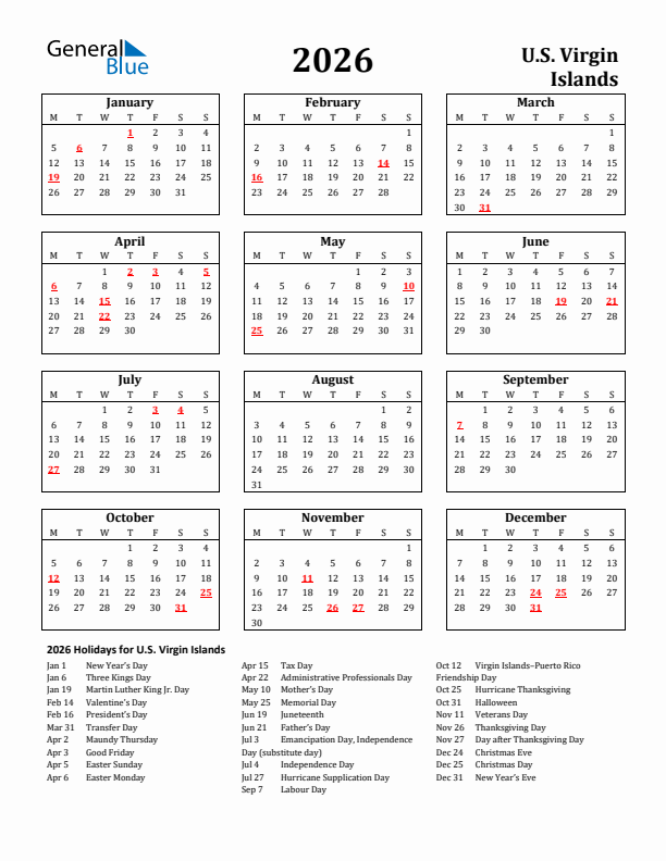 2026 U.S. Virgin Islands Holiday Calendar - Monday Start