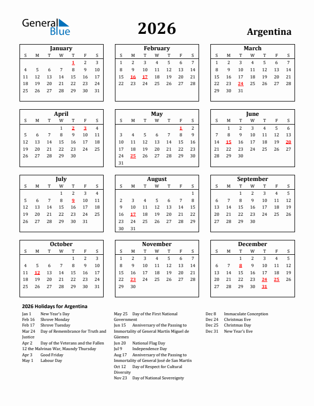 2026 Argentina Holiday Calendar - Sunday Start