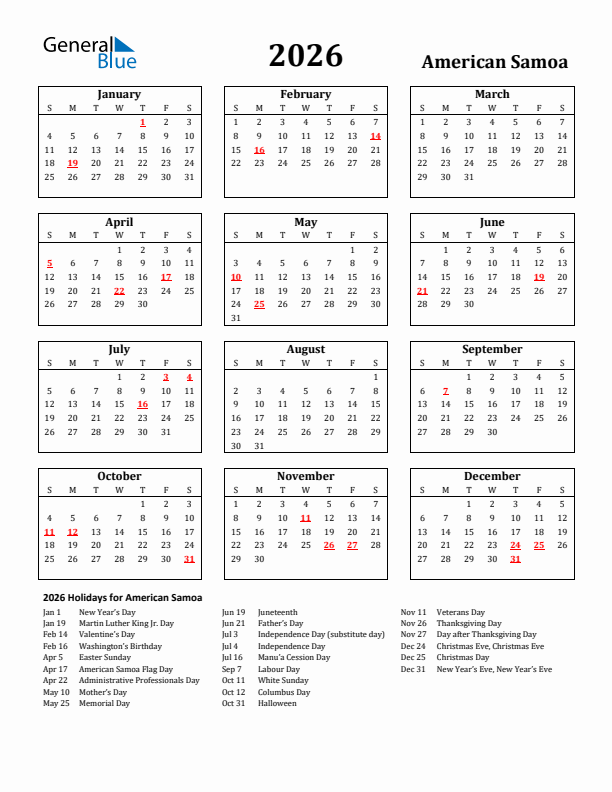 2026 American Samoa Holiday Calendar - Sunday Start