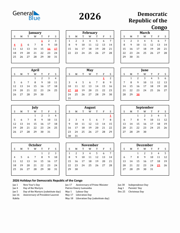 2026 Democratic Republic of the Congo Holiday Calendar - Sunday Start