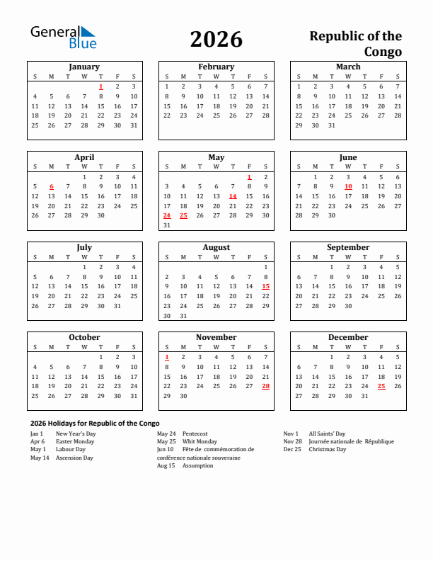 2026 Republic of the Congo Holiday Calendar - Sunday Start
