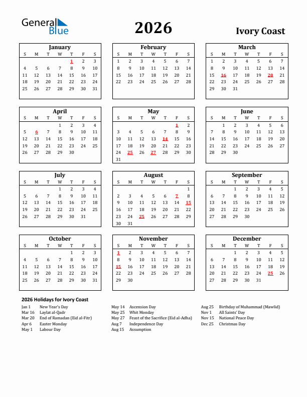 2026 Ivory Coast Holiday Calendar - Sunday Start