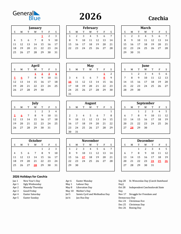 2026 Czechia Holiday Calendar - Sunday Start