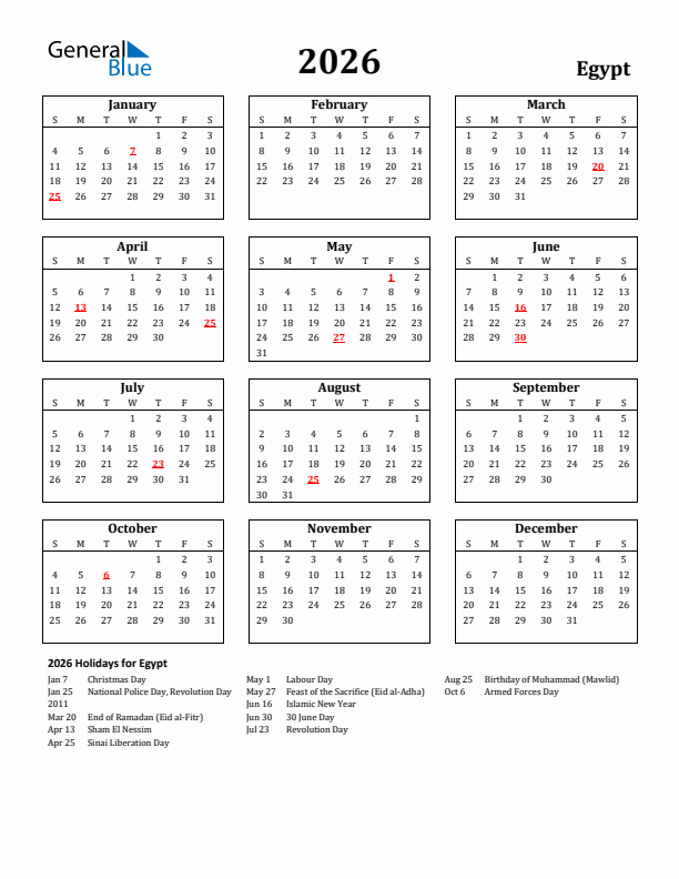 2026 Egypt Holiday Calendar - Sunday Start